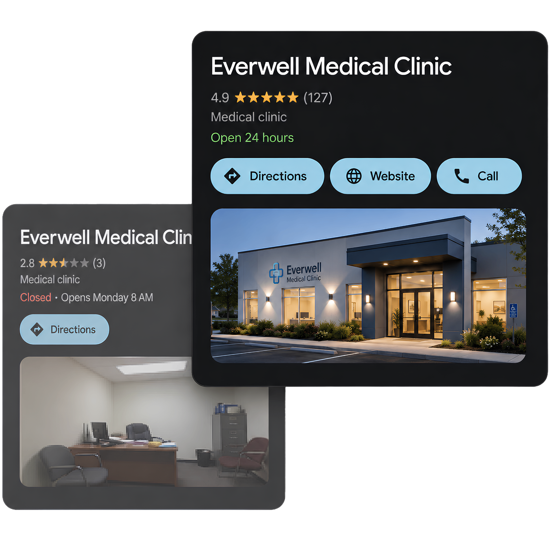 Comparison of a medical clinic Google listing with a 4.9 star rating and one with a 2.8 star rating